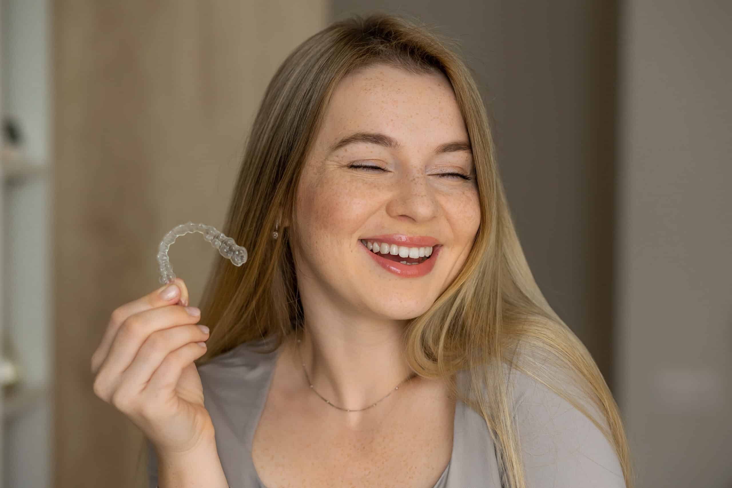 A young woman smiles while holding a clear dental aligner in her right hand. She has long, straight hair and freckles, wearing a light gray top. The background is softly blurred, focusing on her expression and the aligner.