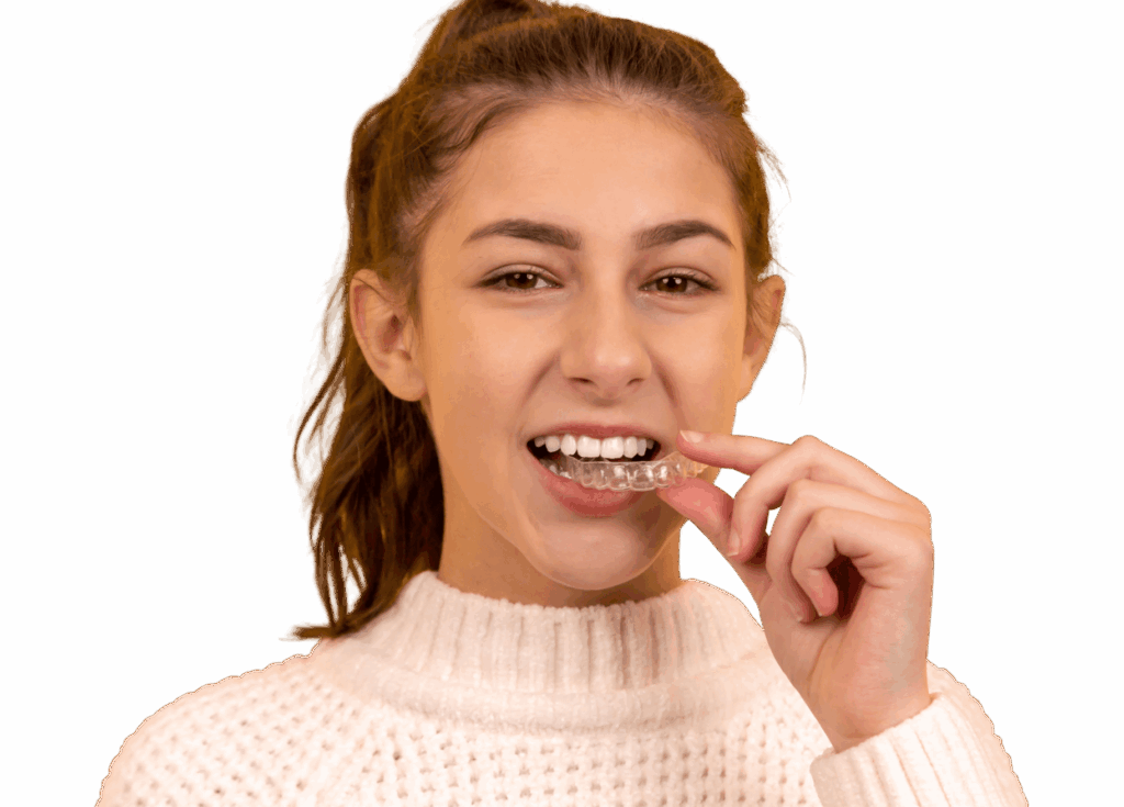 A young girl wearing a white sweater smiles while holding an orthodontic aligner near her mouth. She appears confident and is looking directly at the camera, showcasing her braces. The background is plain and neutral.