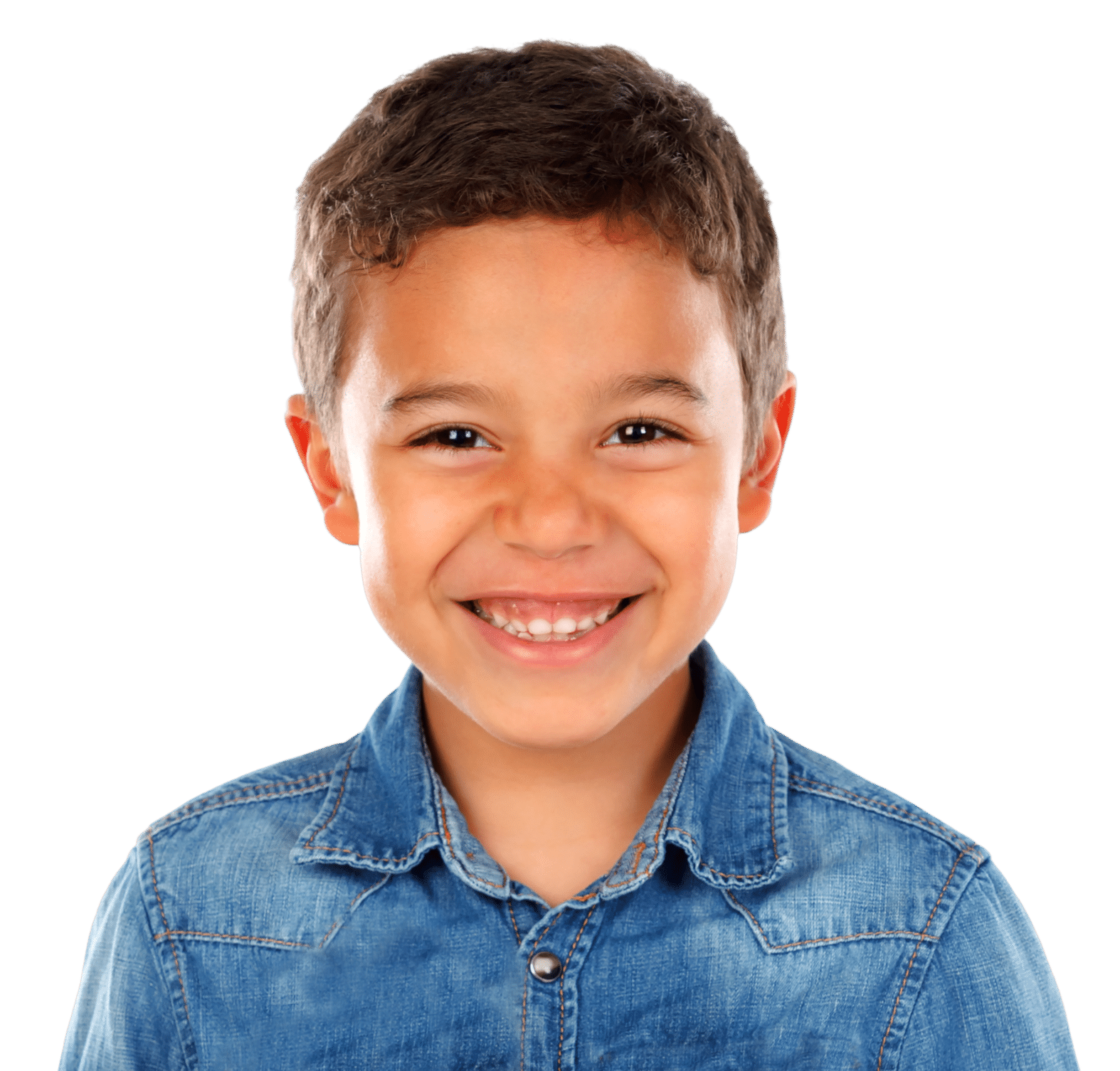 A young boy with short dark hair smiles at the camera. He is wearing a denim jacket over a collared shirt. The background is a solid black, emphasizing the boy's cheerful expression.